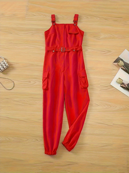 Solid Flap Pocket Belted Overall Jumpsuit, Casual Buckle Detail Loose Jumpsuit, Women's Clothing