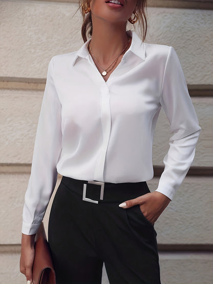 Women'S V-Neck Blouse - Elegant White Button-Up Shirt with Long Sleeves, Perfect for Office & Casual Wear, Versatile Fall/Winter Top, Versatile Fashion | Minimalist Style | Stylish Buttonup