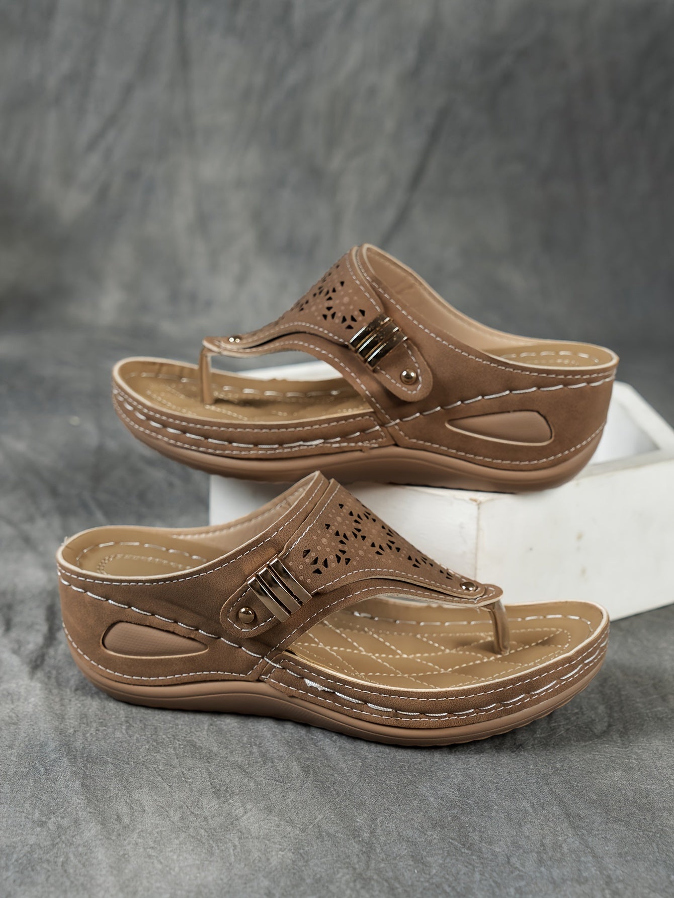 Stylish Cut-Out Thong Sandals - Soft Metallic Platform Wedge, Comfortable Beach Slides with Adjustable Straps, Vacation Essentials for Women