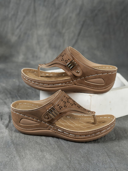 Stylish Cut-Out Thong Sandals - Soft Metallic Platform Wedge, Comfortable Beach Slides with Adjustable Straps, Vacation Essentials for Women