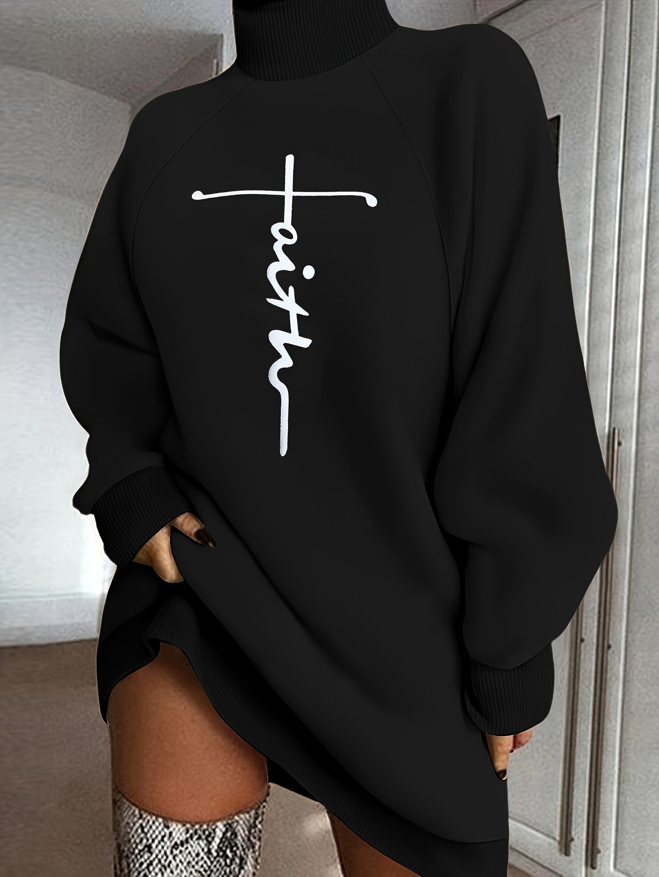 Faith Print Turtleneck Dress, Casual Loose Long Sleeve Dress, Women's Clothing