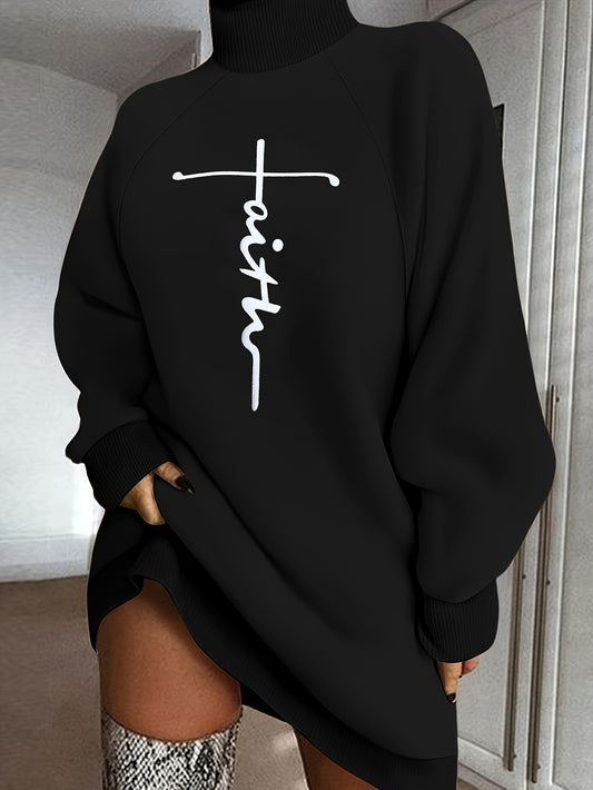 Faith Print Turtleneck Dress, Casual Loose Long Sleeve Dress, Women's Clothing