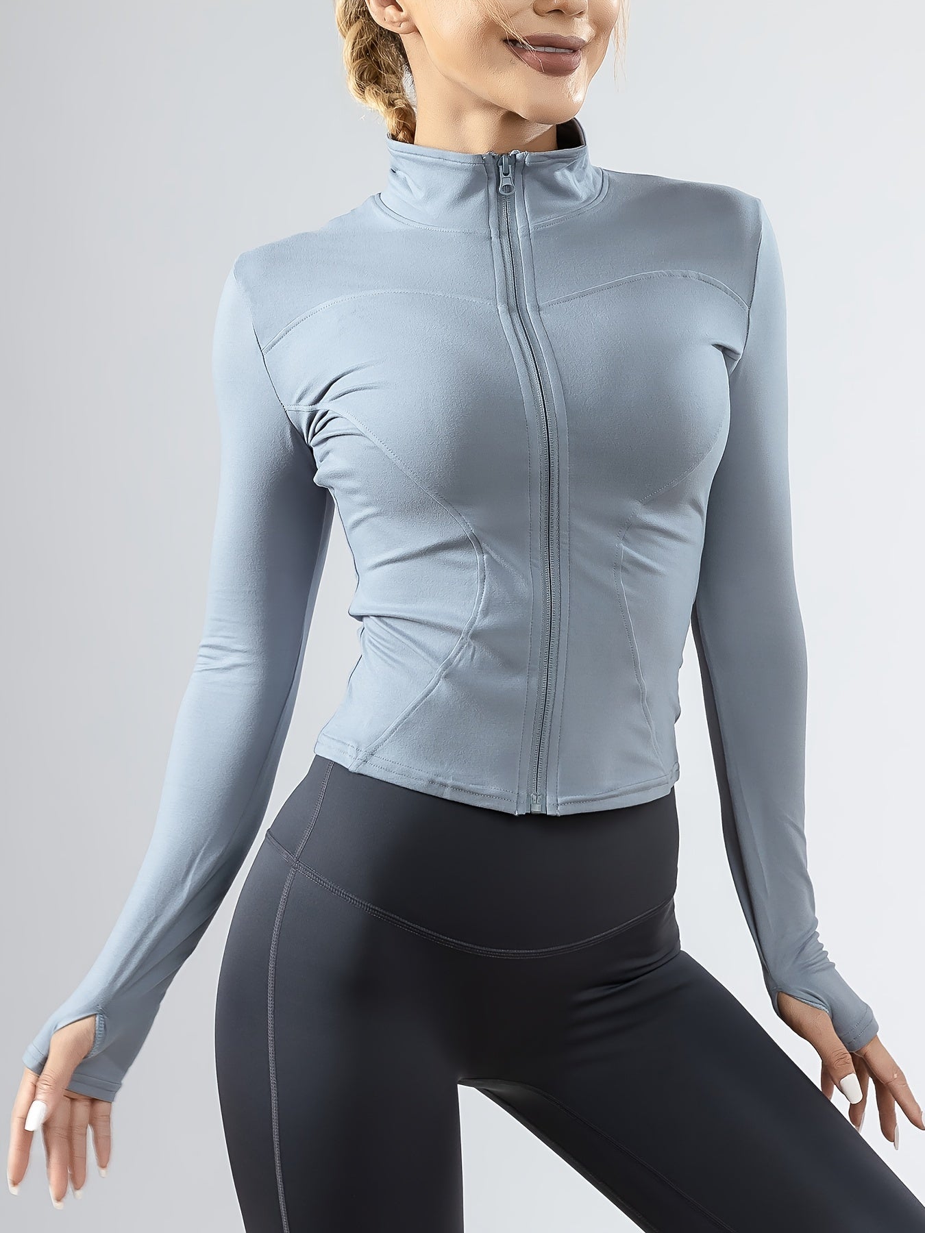 1pc Women'S Athletic Half-Zip Jacket, Long Sleeve Sports Coat, Solid Color Polyester Knit, Non-Waterproof, Regular Fit for Fitness Running Yoga - Gym Wear