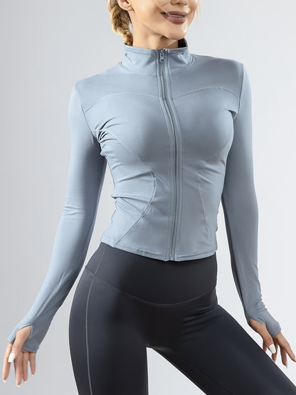 1pc Women'S Athletic Half-Zip Jacket, Long Sleeve Sports Coat, Solid Color Polyester Knit, Non-Waterproof, Regular Fit for Fitness Running Yoga - Gym Wear