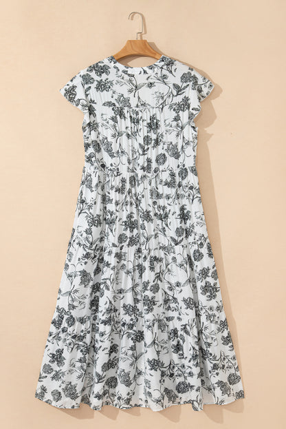 Black Floral Print Piping Trim Notched Neck Ruffle Sleeve Plus Size Long Dress