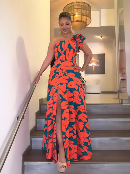 Long Elegant One Shoulder Neck Split Thigh Print Dress - Sleeveless, No Elasticity, Woven Polyester, Random Print, Perfect for Wedding, Occasion, Engagement, Ceremony, Evening - Summer Party Dress for Women