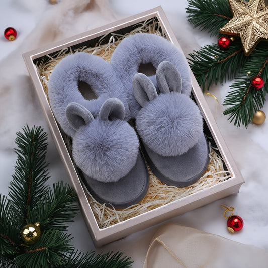 2025 Couples Slippers for Women & Men - Winter Warm Single Ball Design with Cute Rabbit-Ear Accents | Thick Sole Soft-Sole House Shoes | Cozy Solid-Color Indoor/Outdoor Slides | Lightweight Quiet Home Footwear