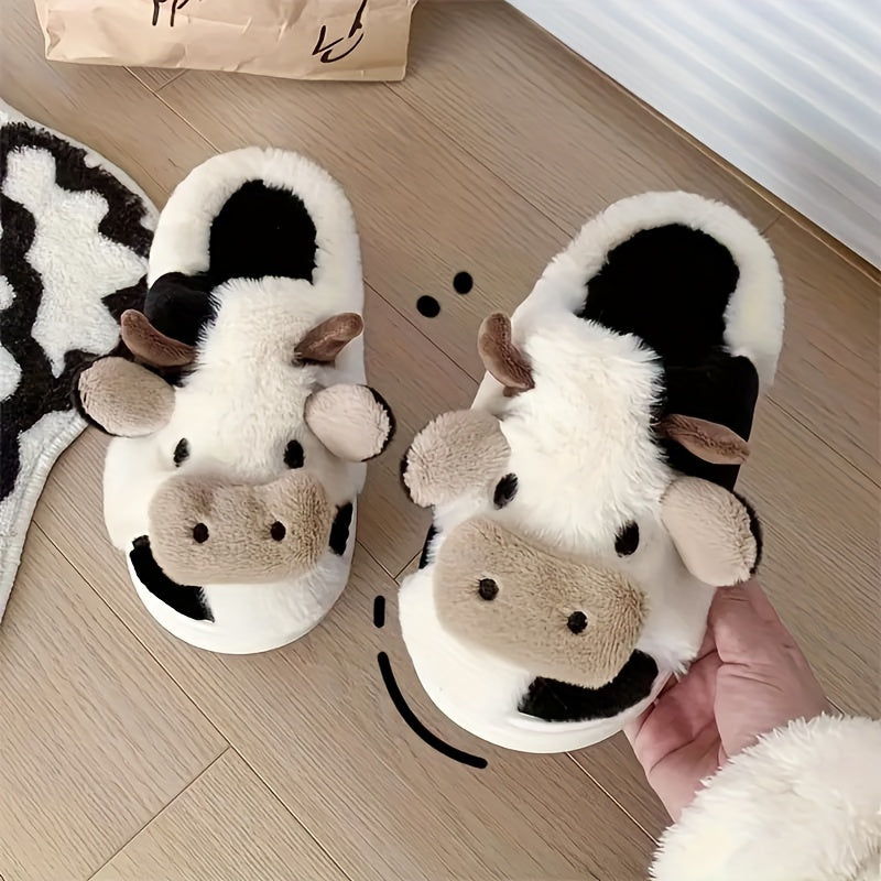 1 Pair Elegant Cartoon Cow Print Slippers for Women, Cozy Indoor House Shoes, Non-Slip TPR Sole, All-Season Warmth, Fabric Upper/Inner/Insole, Positioning Printing Design