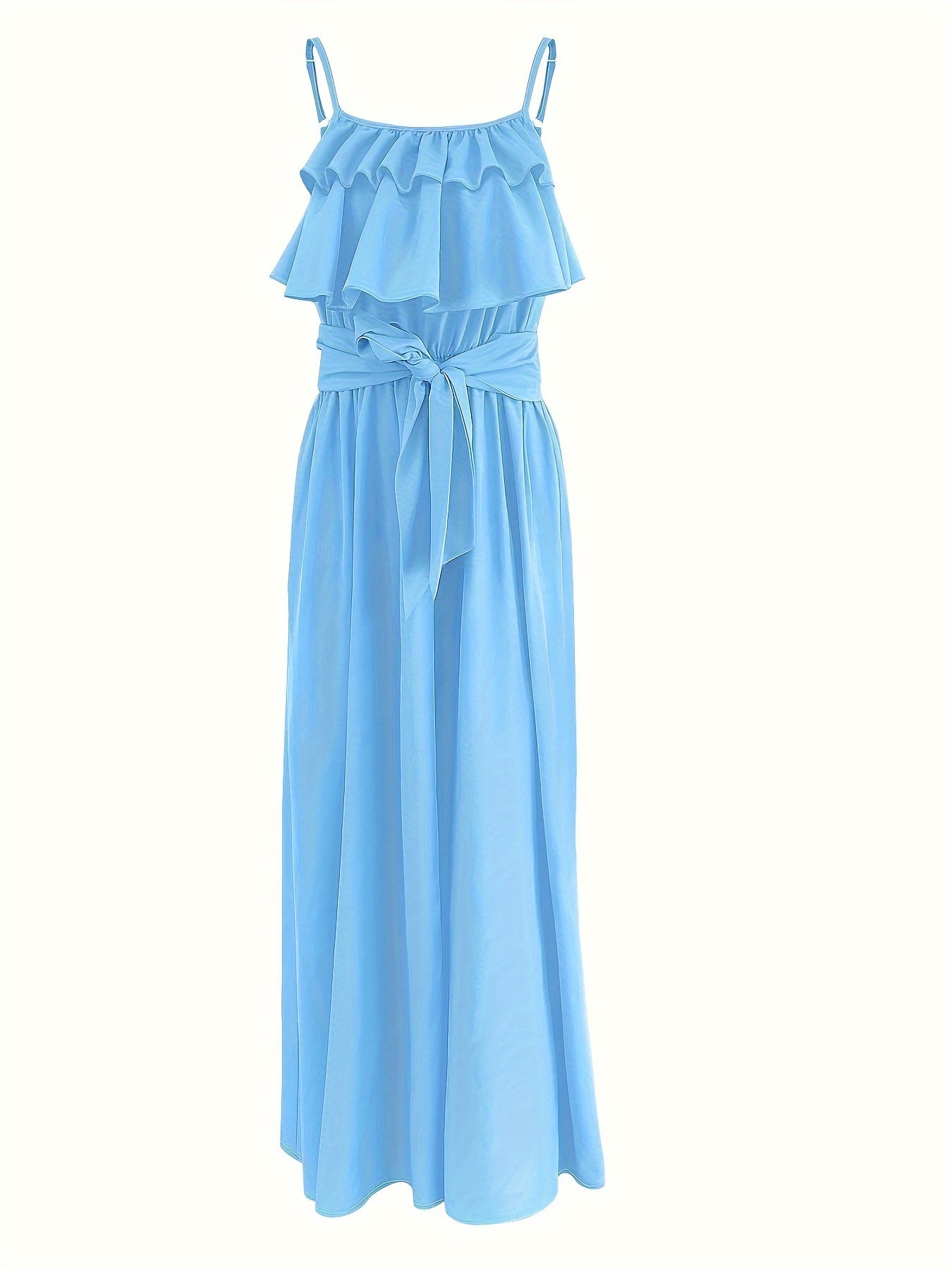 Vibrant Ruffle Trim Cami Dress - Sleeveless, Tie-Waist, Maxi Length, Flowy, Feminine, Summer Essential for Women - Perfect for Outdoor, Party, and Daily Wear