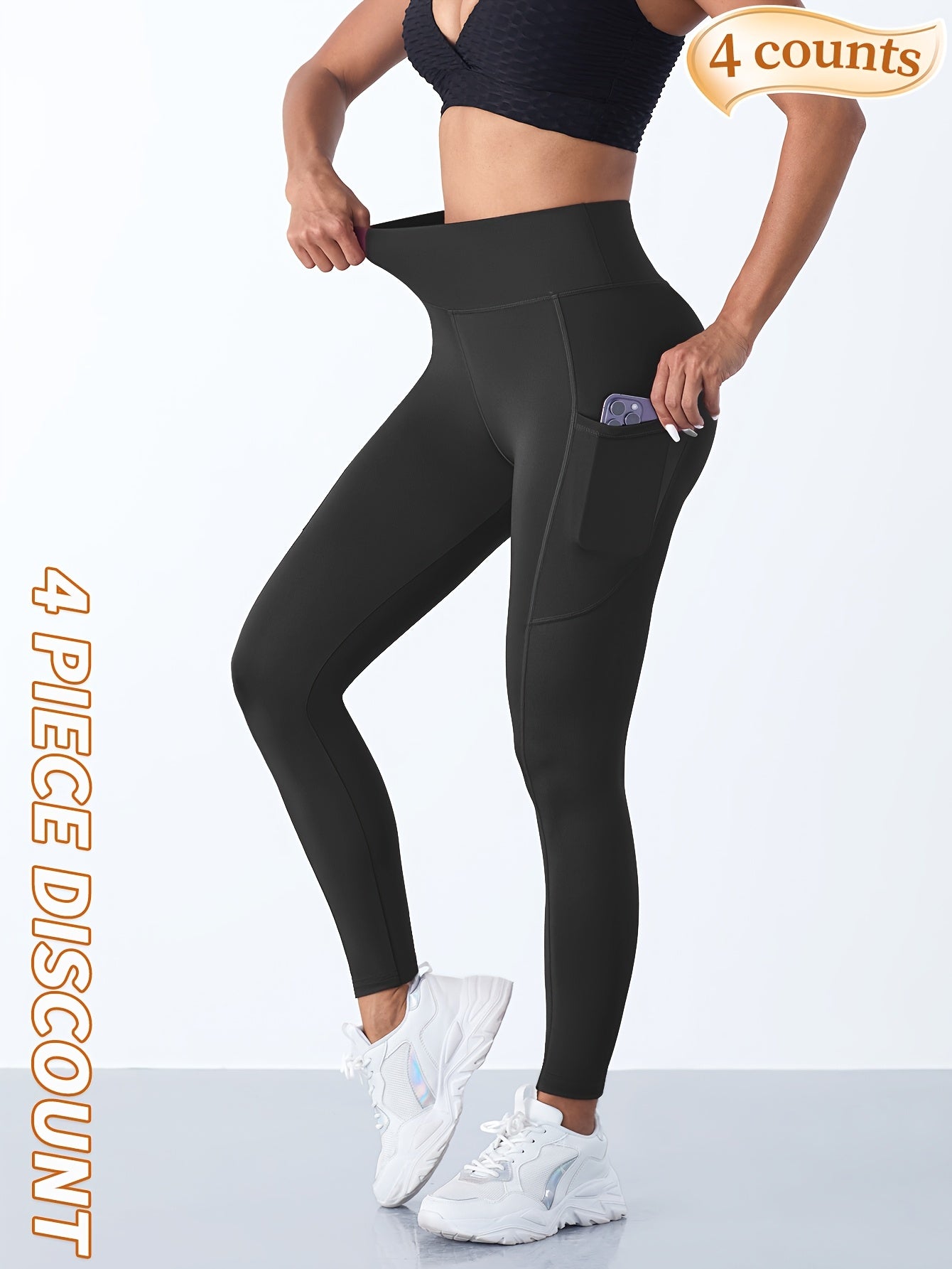 4pcs High Waist Yoga Leggings With Pocket For Women, Solid Color, Tight Fit, Women's Activewear