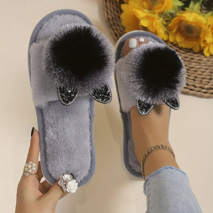[Cute Slippers] Soft Women's Slip-On Slippers | All-Season Indoor House Shoes with Plush Faux Fur Trim & Sparkling Embellishments - Cute Slippers, Loungewear Essentials, Playful Design, Durable EVA Sole