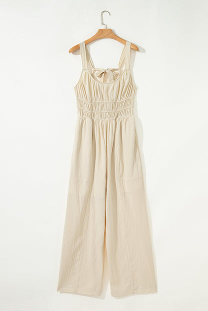 Beige Ruched High Waist Sleeveless Wide Leg Jumpsuit