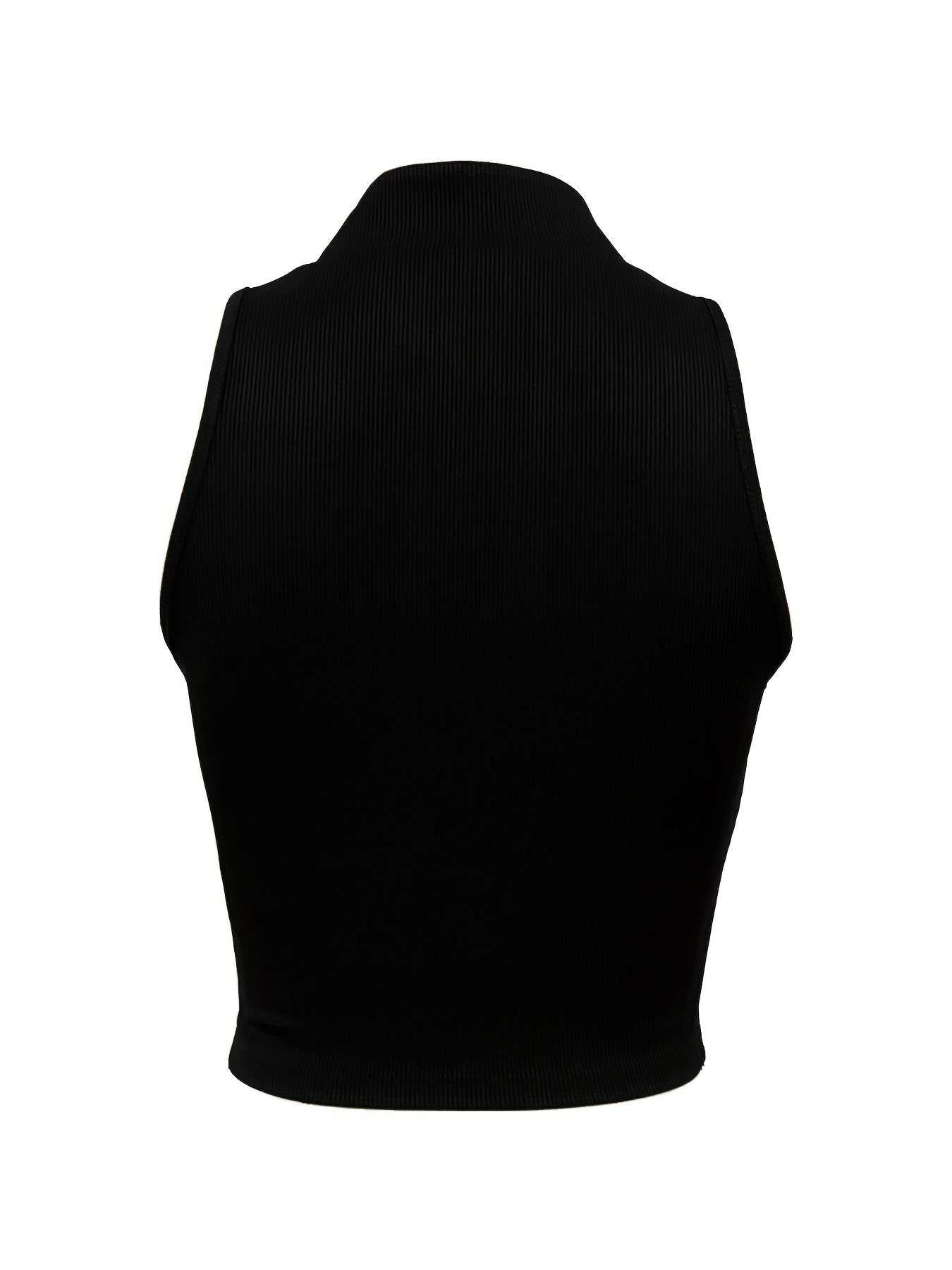 Ribbed Zip Decor Crop Top, Casual Solid Plunging Neck Tank Top For Summer, Women's Clothing