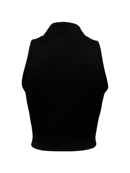 Ribbed Zip Decor Crop Top, Casual Solid Plunging Neck Tank Top For Summer, Women's Clothing