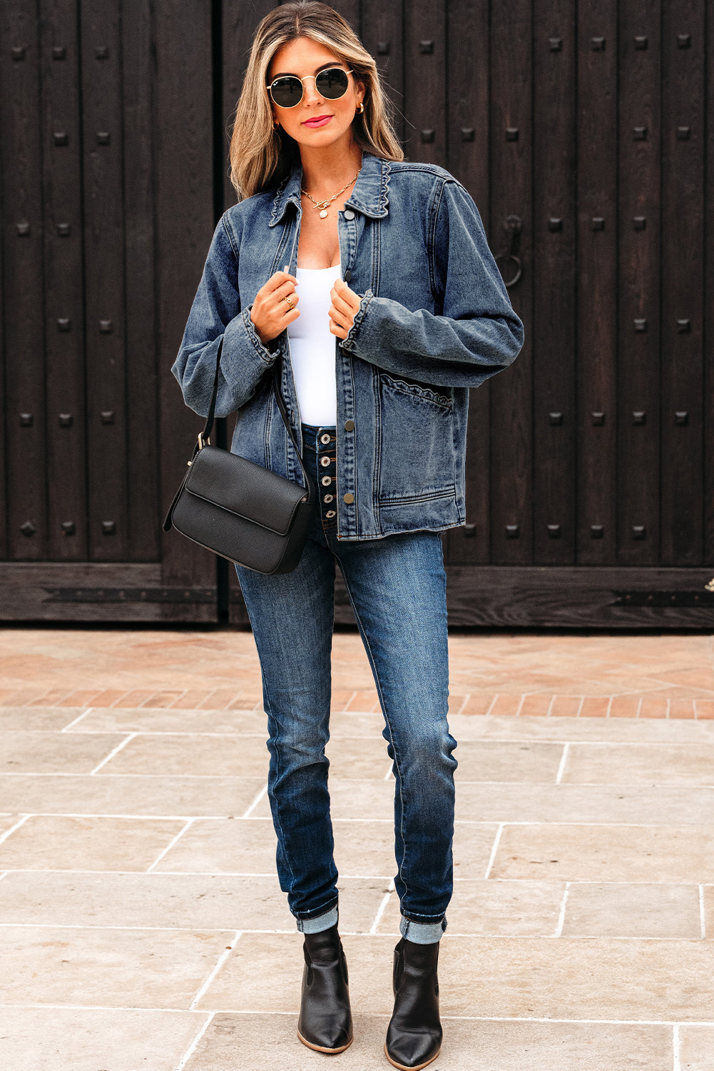 Sail Blue Scallop Trim Collar Patched Pocket Button Up Mineral Washed Denim Jacket