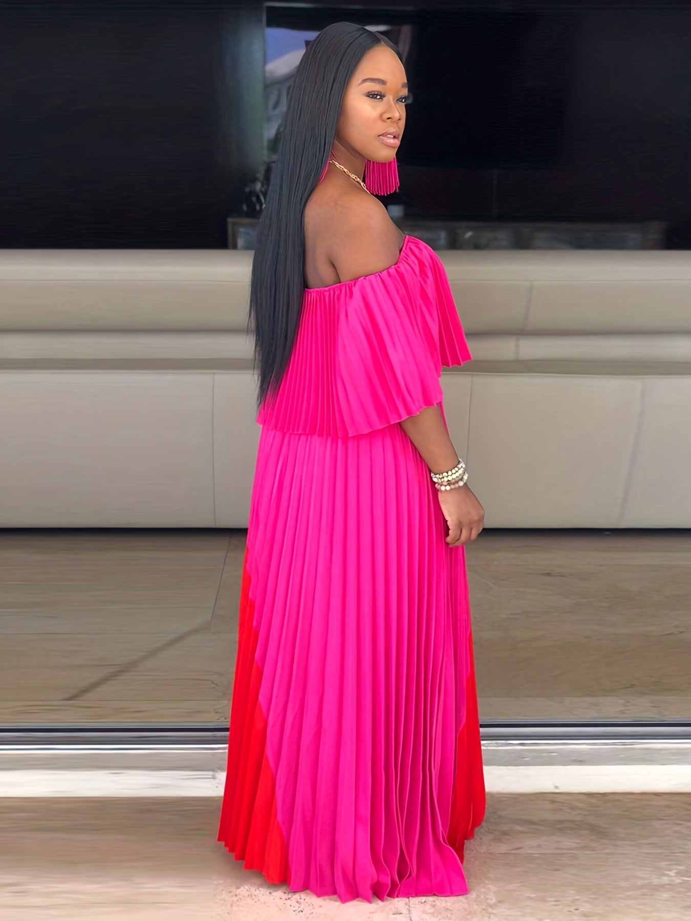 Flattering Pleated Off Shoulder Maxi Dress - Alluring Asymmetrical Hem for Glamorous Parties - Fashion-Forward Womens Formal Wear