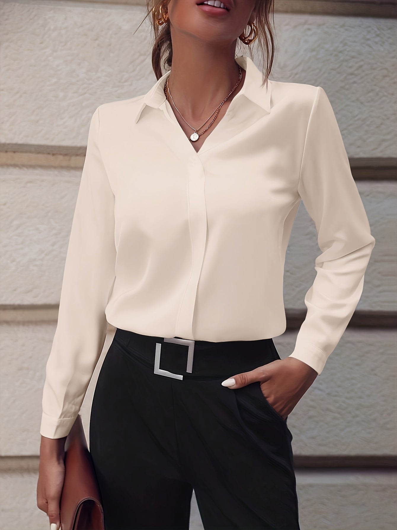 Women'S V-Neck Blouse - Elegant White Button-Up Shirt with Long Sleeves, Perfect for Office & Casual Wear, Versatile Fall/Winter Top, Versatile Fashion | Minimalist Style | Stylish Buttonup