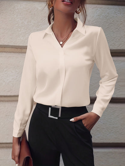 Women'S V-Neck Blouse - Elegant White Button-Up Shirt with Long Sleeves, Perfect for Office & Casual Wear, Versatile Fall/Winter Top, Versatile Fashion | Minimalist Style | Stylish Buttonup