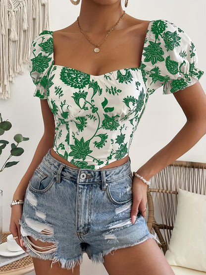 Floral Print Sweetheart Neck Blouse, Elegant Short Puff Sleeve Hanky Hem Shirred Crop Top For Spring & Summer, Women's Clothing