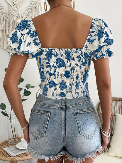 Floral Print Sweetheart Neck Blouse, Elegant Short Puff Sleeve Hanky Hem Shirred Crop Top For Spring & Summer, Women's Clothing