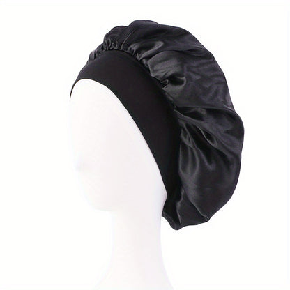 Solid Color Wide Elastic Band Satin Sleep Bonnet Soft Night Sleeping Cap For Women