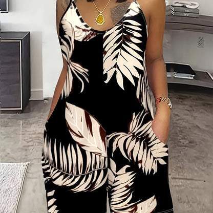 Tropical Plants Print Cami Romper - Vibrant Crew Neck Jumpsuit with Pockets - Effortless Sleeveless Style for Womens Vacation Wear