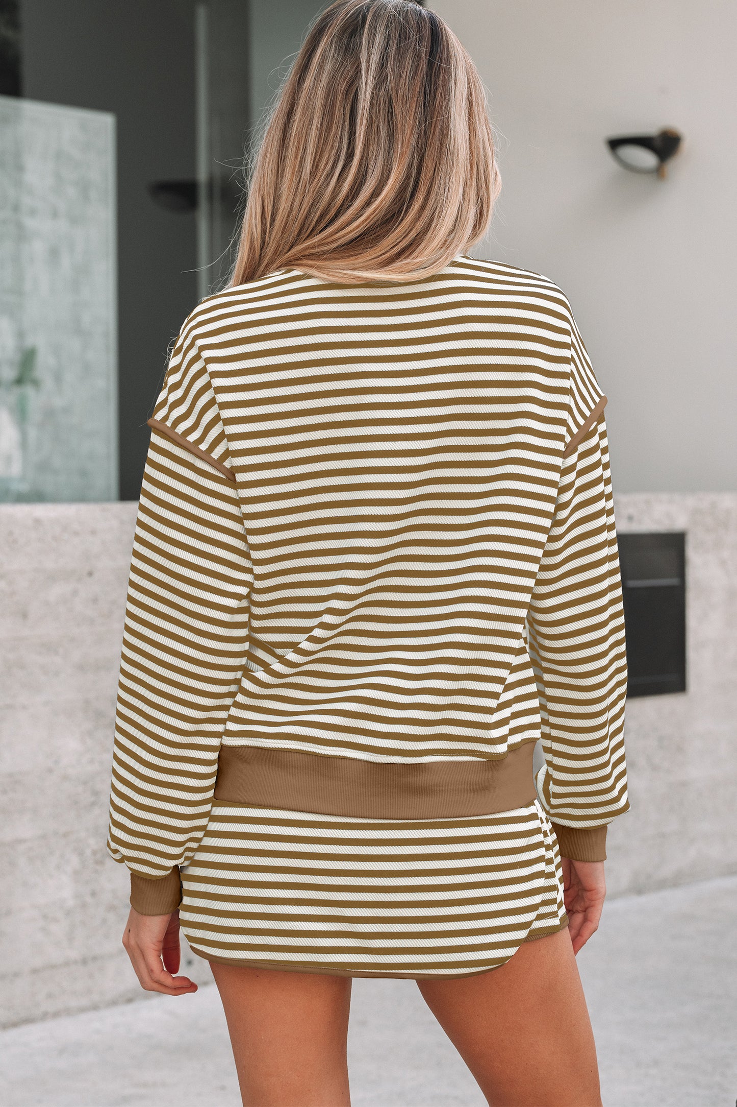 Brown Stripe Textured Drop Shoulder Pullover Top Drawstring Mini Skirt Two Piece Dress Set