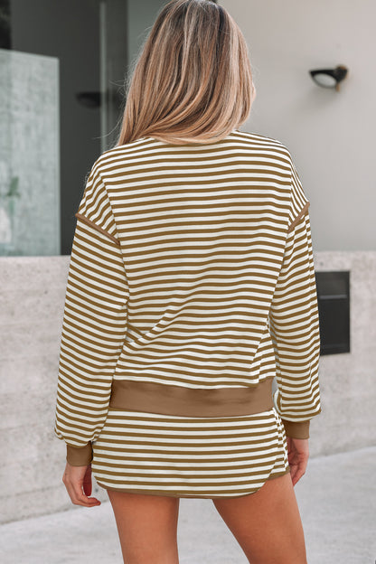 Brown Stripe Textured Drop Shoulder Pullover Top Drawstring Mini Skirt Two Piece Dress Set