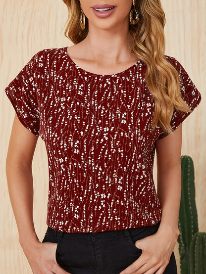 Allover Print Crew Neck Blouse, Elegant Batwing Sleeve Blouse For Spring & Summer, Women's Clothing