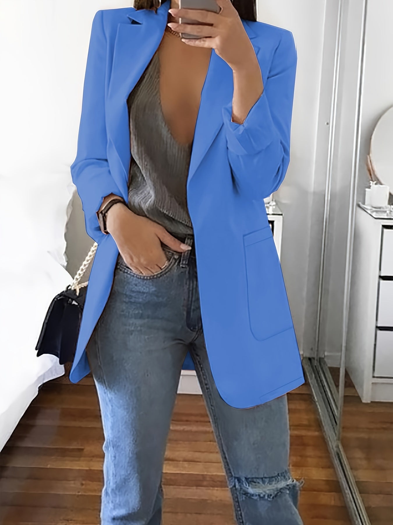 Stylish Blue Open Front Blazer for Women - Slim Fit, Long Sleeve, Casual Office & Work Jacket with Pockets, Lightweight Polyester, Machine Washable, Spring/Summer/Fall Wear, Casual Office Wear | Slim Fit Jacket | Glossy Finis