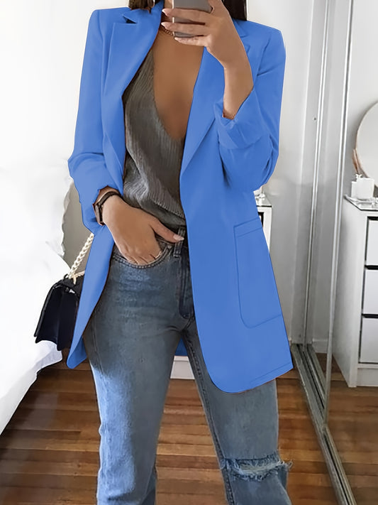 Stylish Blue Open Front Blazer for Women - Slim Fit, Long Sleeve, Casual Office & Work Jacket with Pockets, Lightweight Polyester, Machine Washable, Spring/Summer/Fall Wear, Casual Office Wear | Slim Fit Jacket | Glossy Finis