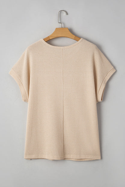 Oatmeal Lace Patchwork Waffle Short Sleeve Plus Size Top