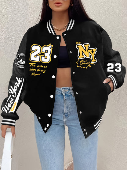 Chic NY-Inspired Women's Varsity Jacket - Elegant Black and White Baseball Uniform Style with Large "58.42cm & NYC Lettering, Striped Accents, Button Closure, Long Sleeves - Perfect for Spring & Autumn Casual Wear