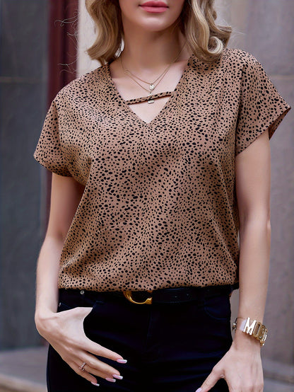 Elegant Dalmatian Spot V-Neck Blouse for Women - Lightweight Polyester, Short Sleeve, Machine Washable Summer Top