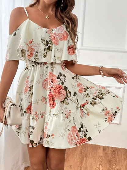 Floral Print Cold Shoulder Dress, Casual Ruffle Trim Dress For Spring & Summer, Women's Clothing