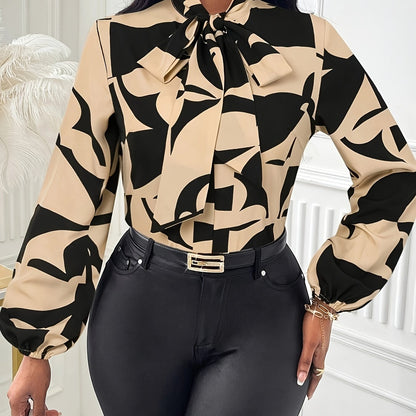 Elegant Geometric Print Bow Tie Collar Blouse - Women's Long Sleeve Shirt with Adjustable Tie Detail, Machine Washable All-Season Top for Casual & Formal Wear, Long Sleeve Blouse, Smooth Texture Fabric