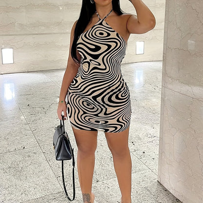 Chic Geometric Print Halter Mini Dress for Women - Sleeveless, Bodycon Fit, Perfect for Summer Beach Parties, Spaghetti Strap, Short Dress