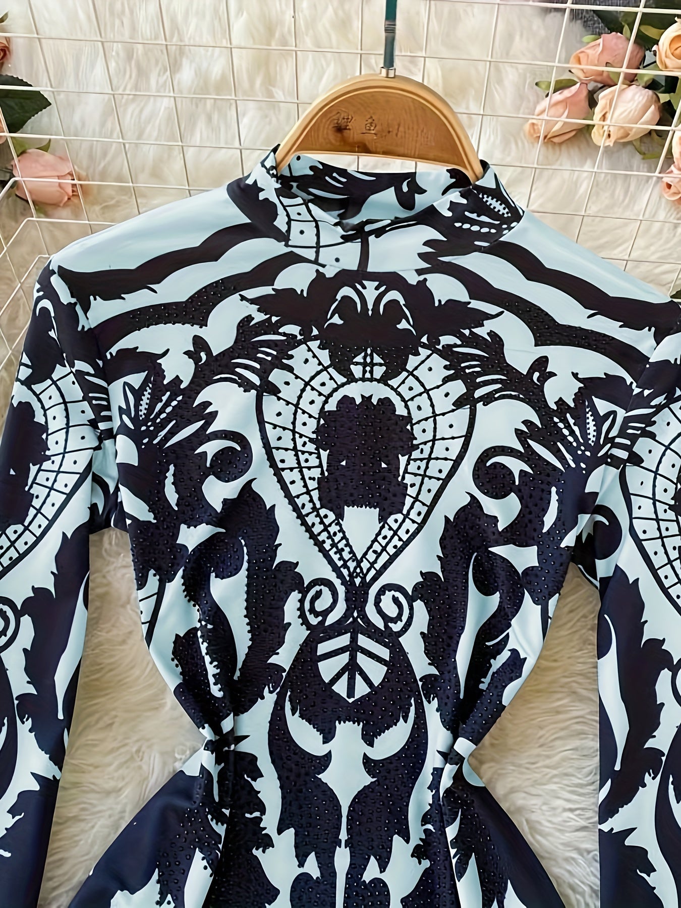 Women'S Tropical Print Bodysuit with Rhinestone Detail - Slim Fit, Stand Collar, Long Sleeve, All-Season Versatile Jumpsuit for Casual or Stylish Outfits, Stylish Outfit Bodysuit | Stand Collar Top | Polyester Fabric, Bodysui