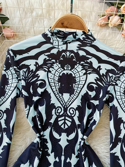 Women'S Tropical Print Bodysuit with Rhinestone Detail - Slim Fit, Stand Collar, Long Sleeve, All-Season Versatile Jumpsuit for Casual or Stylish Outfits, Stylish Outfit Bodysuit | Stand Collar Top | Polyester Fabric, Bodysui