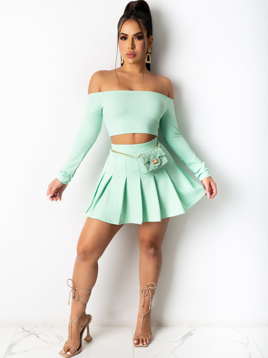 Solid Elegant Two-piece Set, Off Shoulder Long Sleeve Crop Top & Pleated Mini Skirt Outfits, Women's Clothing