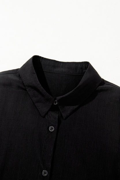 Black Sleeveless Buttoned Front Ruffle Hem Tunic Shirt