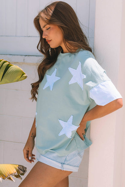 Smoke Green Frayed Denim Star Patched Oversize T Shirt