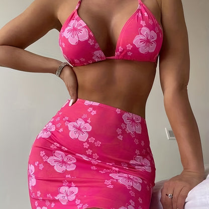 Romantic Pink Floral Halter 3-Piece Swimsuit Set - Adjustable Triangle Bikini with Flirty Wrap Skirt - Perfect Womens Swimwear for Valentines Day
