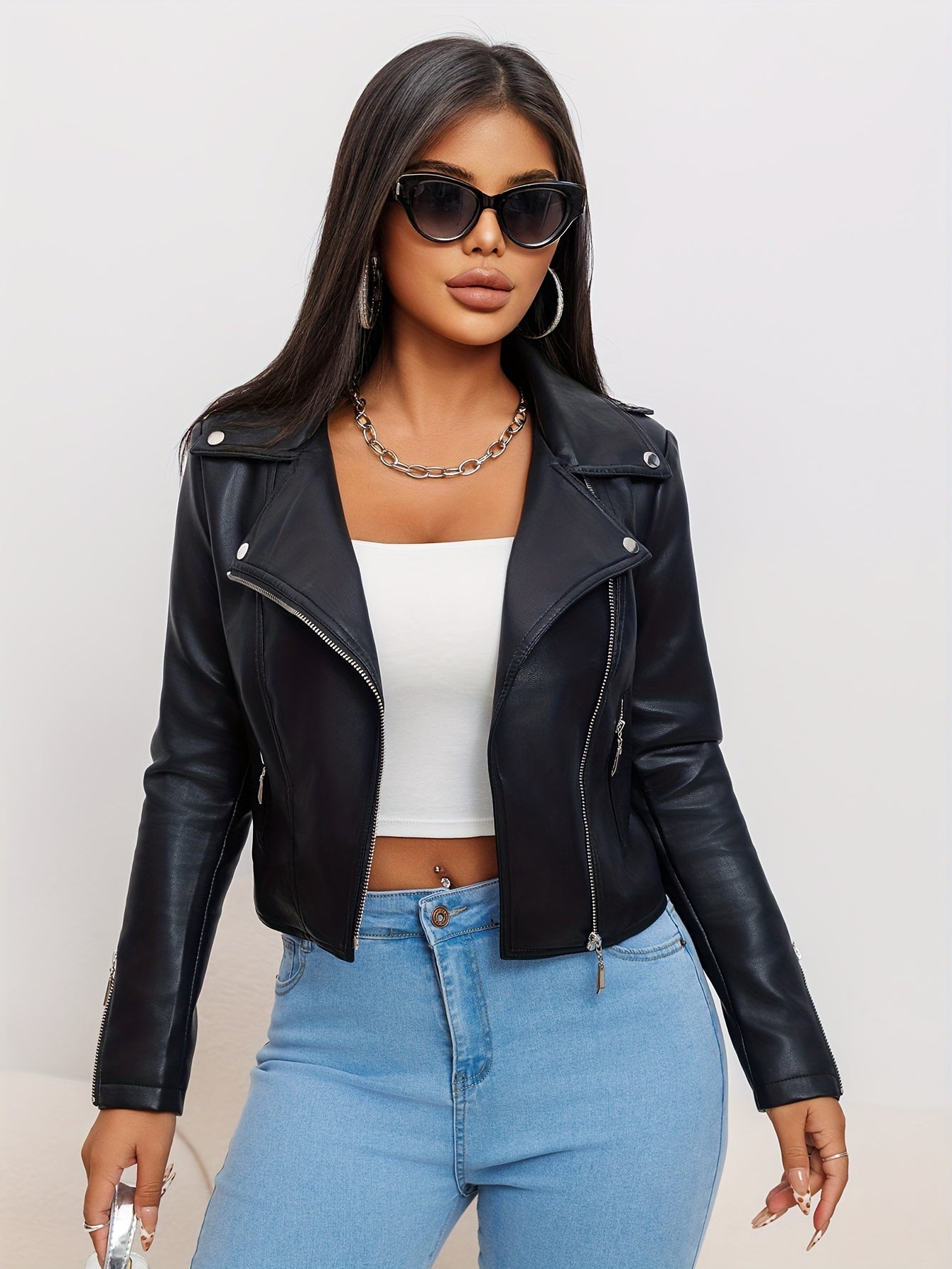 Women's Fashion Faux Leather Jacket 2024, Slim Fit PU Leather Biker Jacket, Solid Color, Long Sleeve, Zipper Front, Spring/Autumn Season, with Pockets, Commuter Style