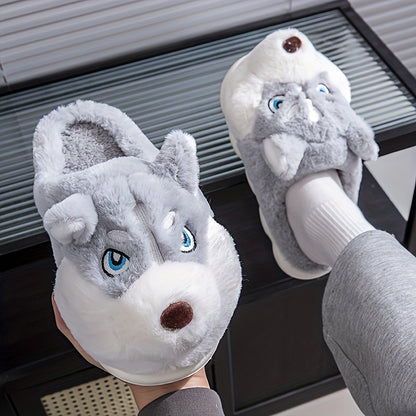 Unisex Husky Cartoon Slippers | Plush Fabric Indoor/Outdoor Slip-On Shoes with EVA Sole | Cozy Winter Footwear for Men & Women | Cute Animal Design | Warm, Comfortable Home Slippers for Autumn and Winter, Indoor Slippers
