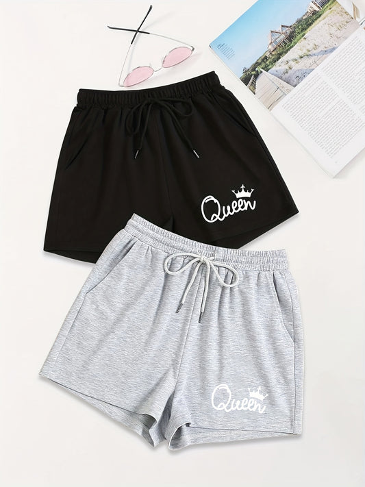 Drawstring Shorts 2 Pack, Queen Print Summer Sporty Casual Shorts, Women's Clothing
