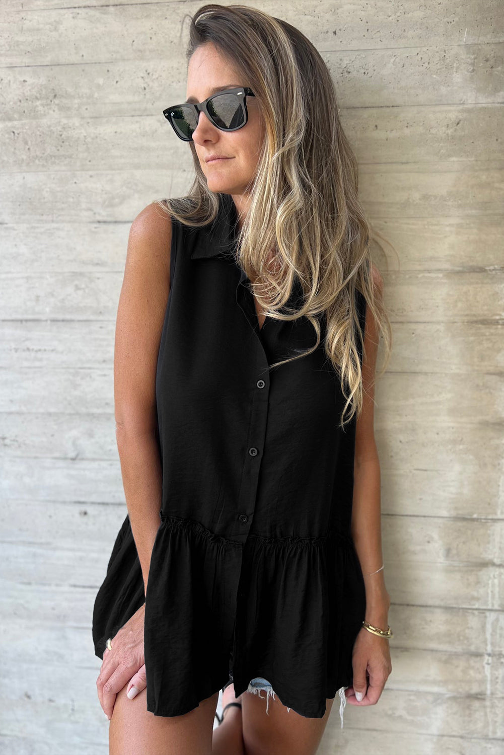 Black Sleeveless Buttoned Front Ruffle Hem Tunic Shirt