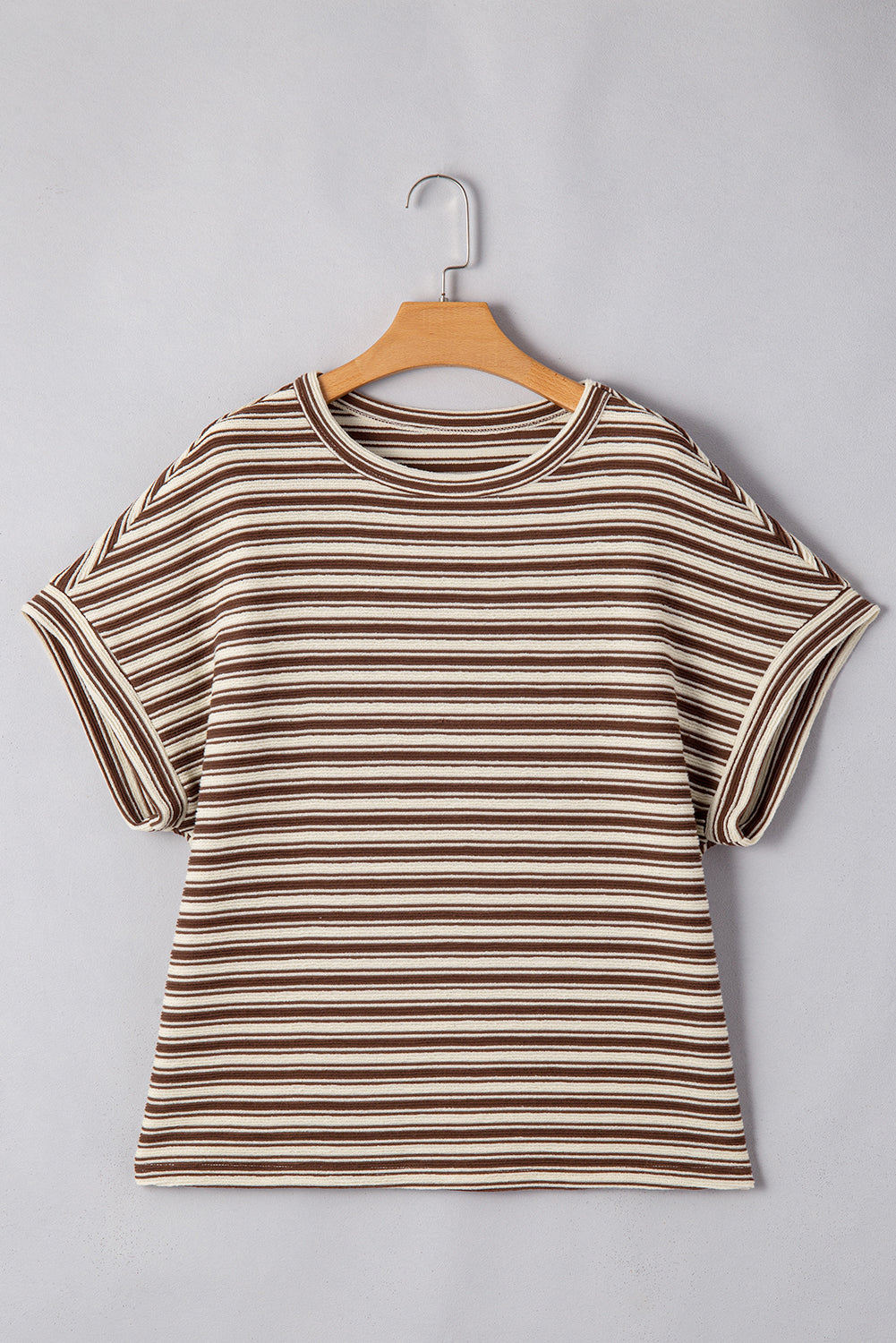 Brown Stripe Textured Side Slits Crew Neck T Shirt