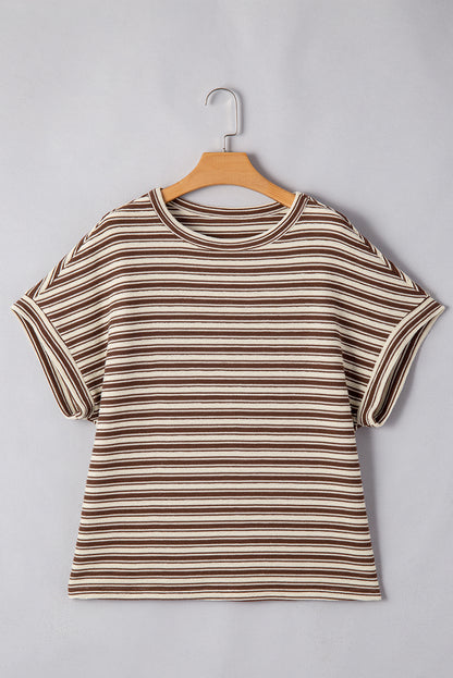 Brown Stripe Textured Side Slits Crew Neck T Shirt