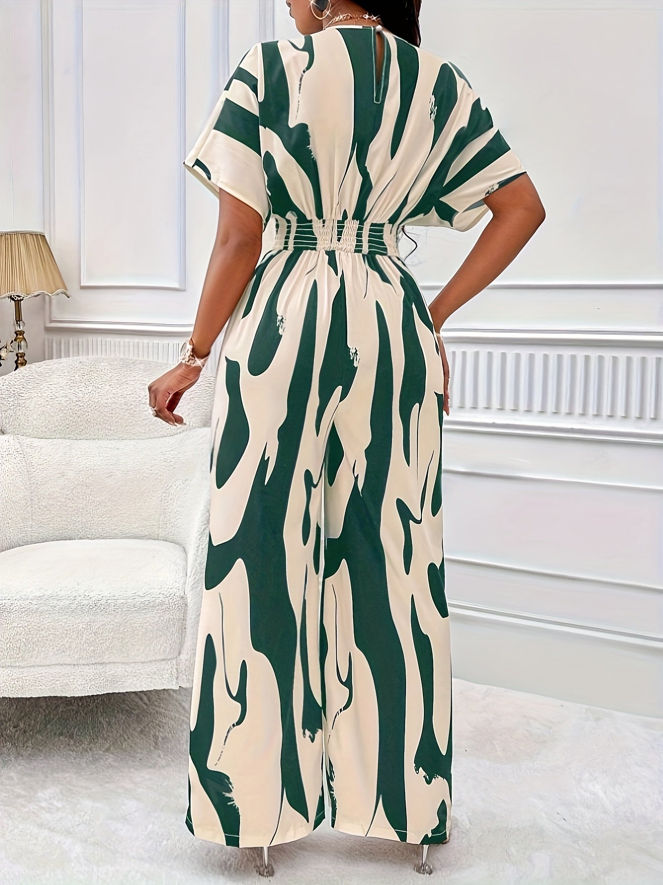 Chic V-Neck Jumpsuit - Allover Print, Short Sleeve, Wide-Leg Design for Sophisticated Casual Wear